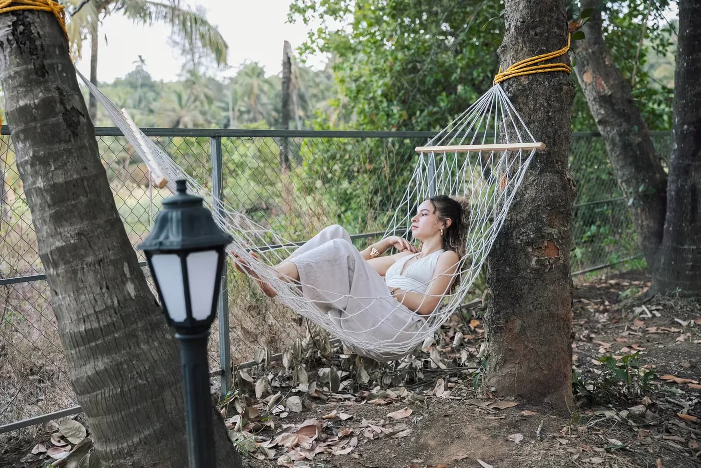 A hammock strung between trees on the grounds